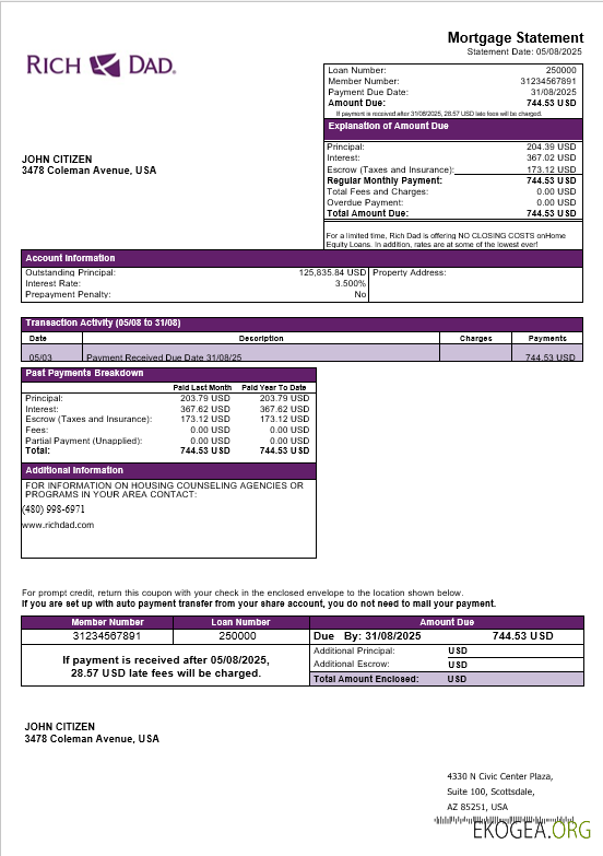 Relevé hypothécaire de la banque USA Rich Dad aux formats Word et PDF